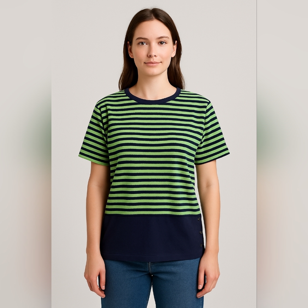 Vintage Brittany Nicole Green & Navy Stripe Short Sleeve Top Large USA Made